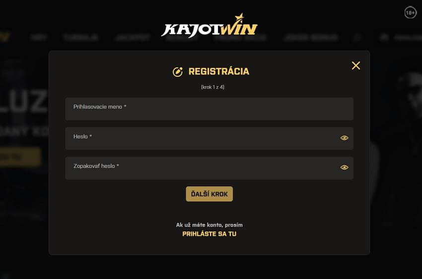 KajotWin registrácia krok 1