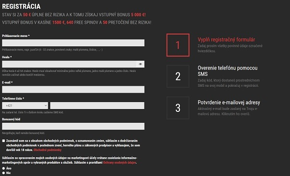 Registrácia do online kasína Synot Tip