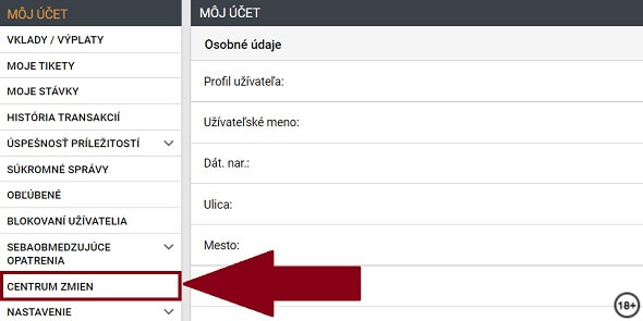 Centrum zmien po prihlásení do Tipsport účtu