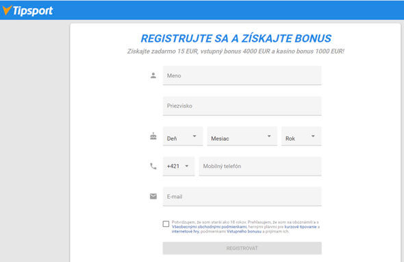 Tipsport registrácia - údaje