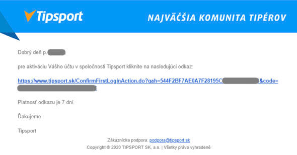 Tipsport registrácia - overenie Email