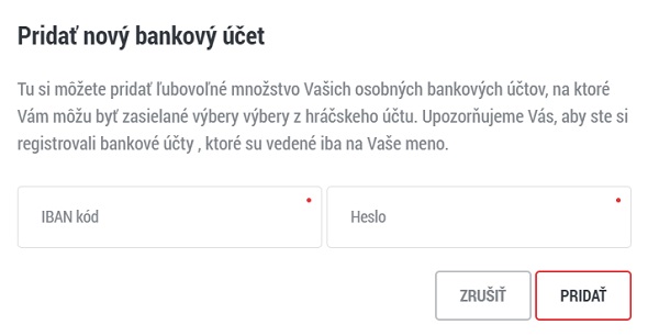 Pridanie nového bankového účtu v Doxxbete