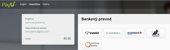 Vklad bankovým prevodom do DoubleStar kasína