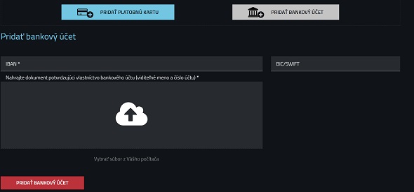 Betor SK registrácia - Pridanie bankového účtu