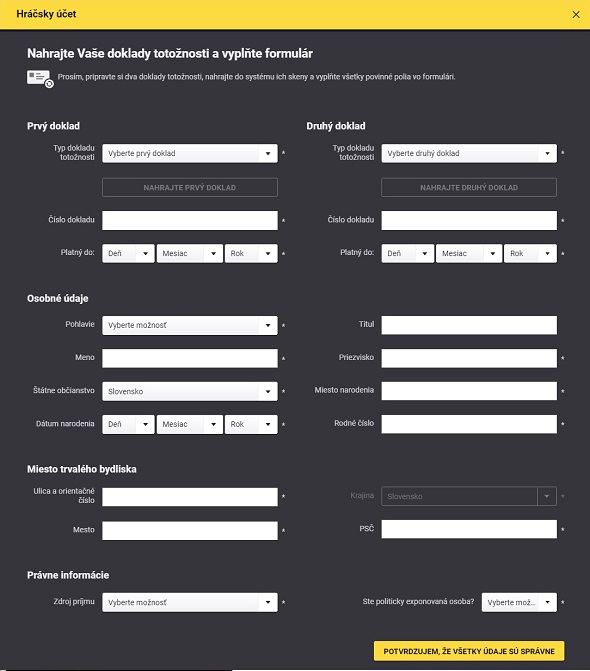 Fortuna registrácia - Formulár a nahratie dokladov