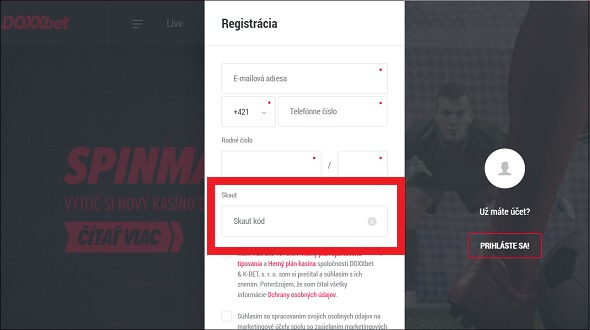 Skaut kód v DOXXbet