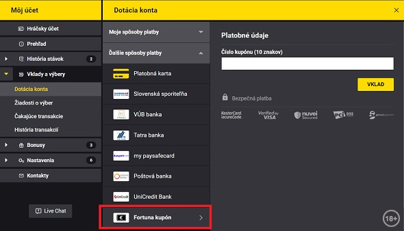 Vklad cez Fortuna kupón
