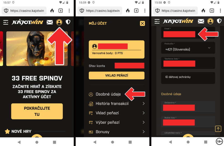 KajotWin online casino - zmena e-mailu cez mobil