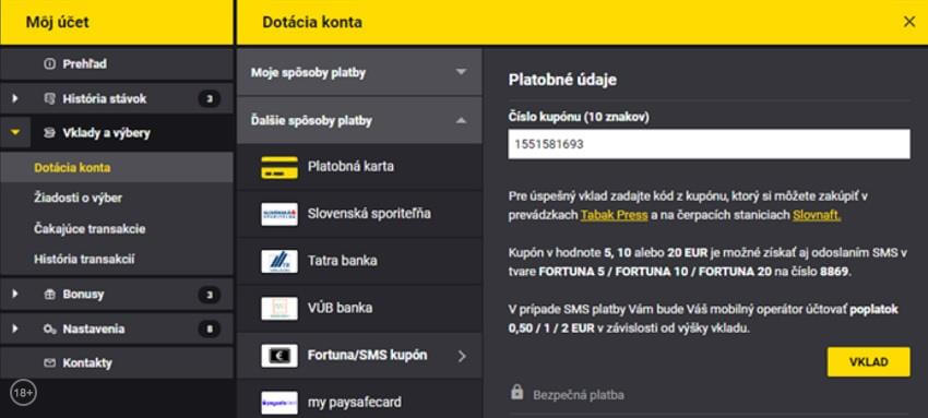 Fortuna SMS vklad cez PC