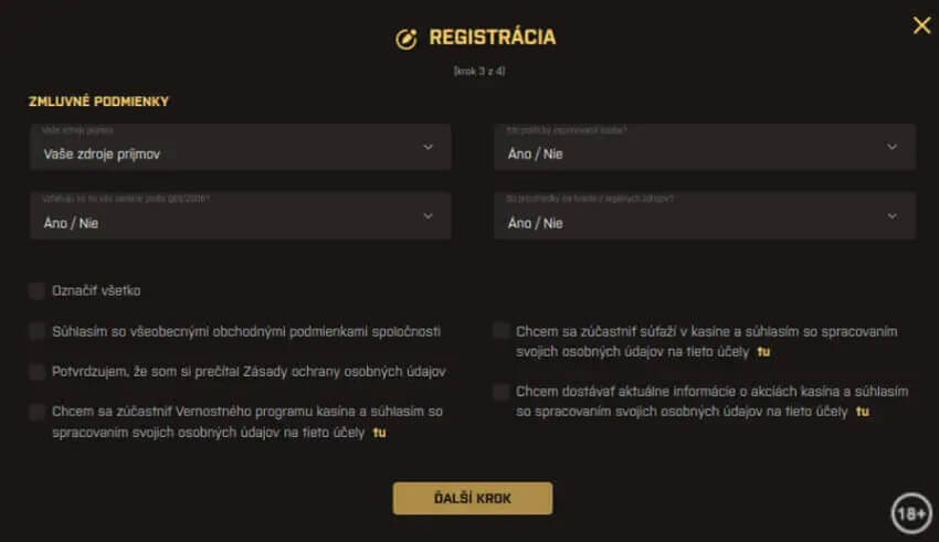 Kajot registrácia krok 3