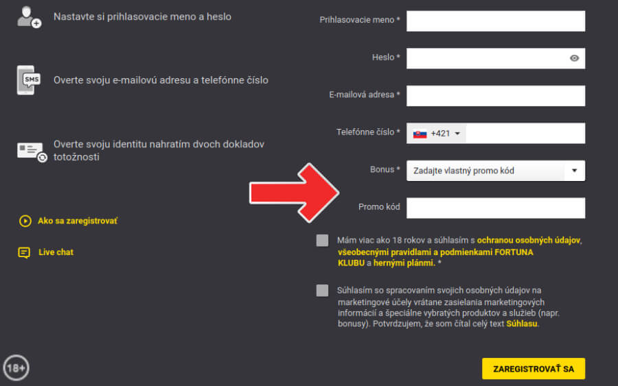 Klikni, zaregistruj sa vo Fortune a využi promo kód
