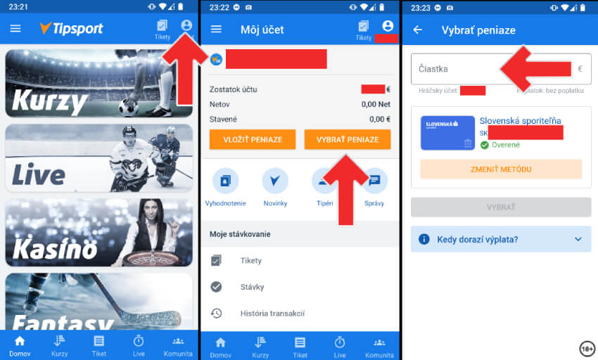 Tipsport online kasíno – výber peňazí cez aplikáciu