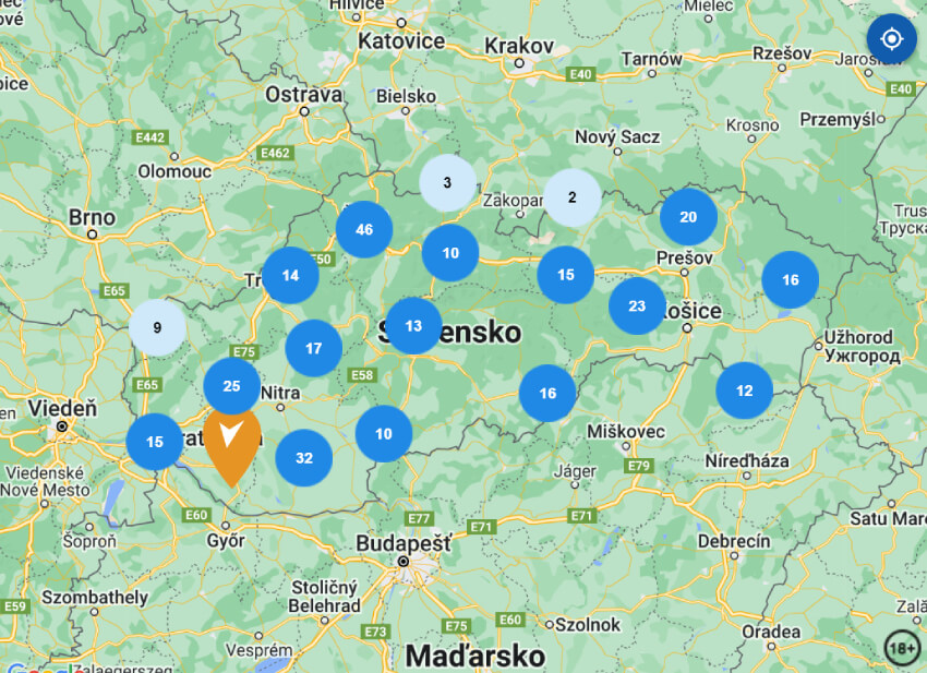 Mapa s Tipsport pobočkami